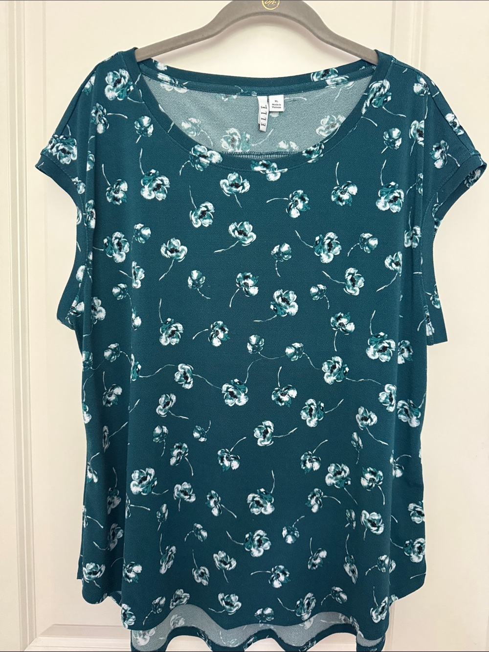 Elle Teal Floral Short Sleeve Scoop Neck Top